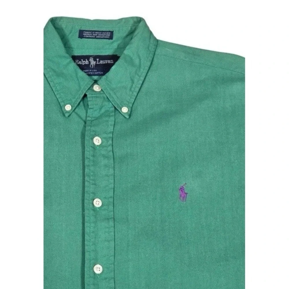 Vintage Polo Ralph Lauren Mens Green Button Down Hand Woven Made In USA Shirt L